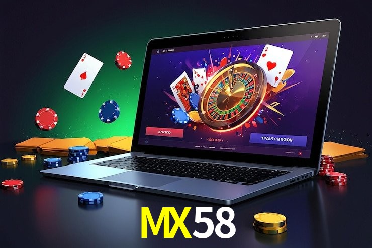Escena dinámica inspirada en casino con iluminación MX58, cartas, fichas e íconos de juegos digitales en un espacio moderno de juegos.