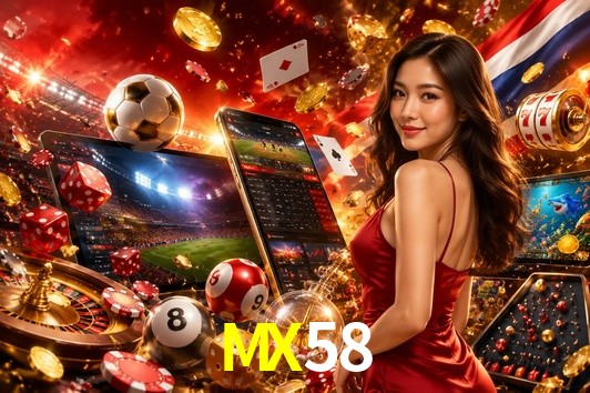 Una escena digital vívida inspirada en casino con MX58 mostrado prominentemente, luces brillantes, fichas, cartas y acentos dorados.